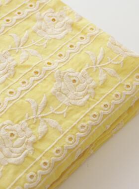 纯棉黄色玫瑰重工刺绣连衣裙衬衫服装面料diy桌布包包抱枕布料
