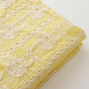 纯棉黄色玫瑰重工刺绣连衣裙衬衫服装面料diy桌布包包抱枕布料