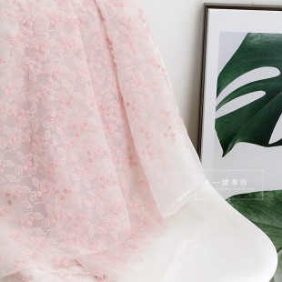 温柔粉色立体花朵刺绣欧根纱绣花面料连衣裙礼服汉服diy手工布料