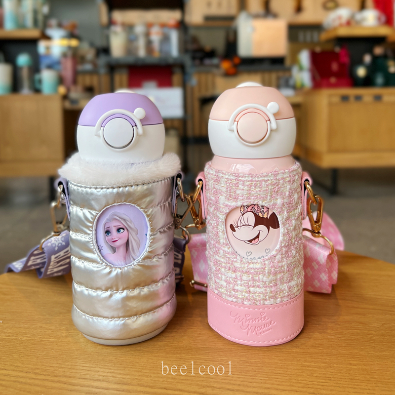 正品迪士尼艾莎米妮儿童保温吸管杯316不锈钢便携背带水壶送杯套