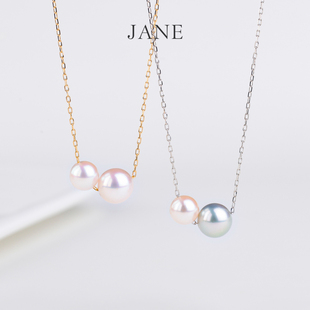 JANE简珠双珠路路通项链Akoya海水珍珠颈链18K金女锁骨链礼物正品