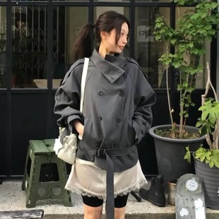 H260100409 韩版26新淑女气质双排扣系带风衣外套
