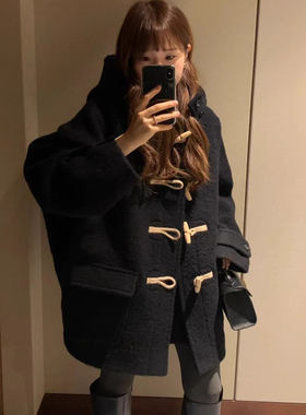 H435111582 韩版25冬新时尚宽松厚实羊毛连帽牛角扣毛呢外套5
