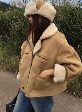 DH290103125 韩版25冬复古翻领温暖厚实皮毛一体麂皮外套5