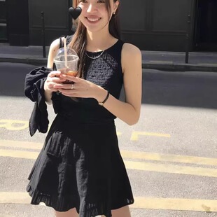 D07598513 韩版25夏新修身肌理褶皱绑带无袖上衣+A字短款半身裙