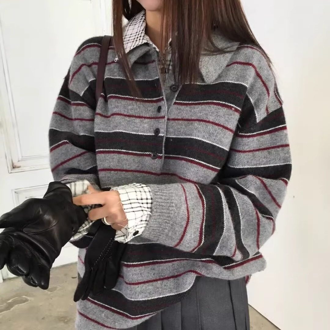 D210120581 韩版25春新复古撞色条纹时尚polo领学院风针织衫上衣,女装/女士精品,毛针织衫,淘宝优惠券,粉丝福利购,淘宝优惠卷