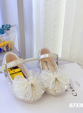 可爱女童镶钻蝴蝶结皇冠亮片公主鞋2023秋新款软底儿童单鞋67338