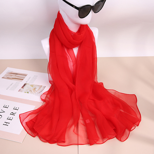 红色真丝丝巾女春秋季 本命年 百搭桑蚕丝围巾大红中国红纱巾薄长款