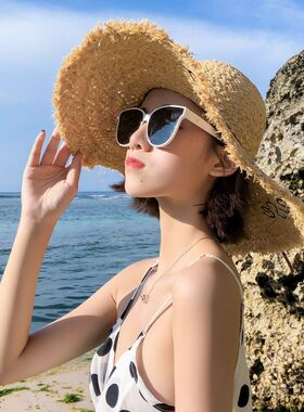 INS网红女拉菲草帽女夏天海边遮阳防晒度假字母大檐出游沙滩帽子