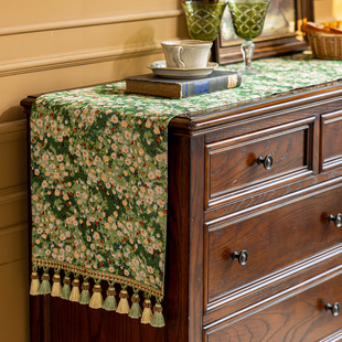 立体刺绣流苏餐桌玄关电视柜新中式 法式 桌旗 高级感美式 复古美式