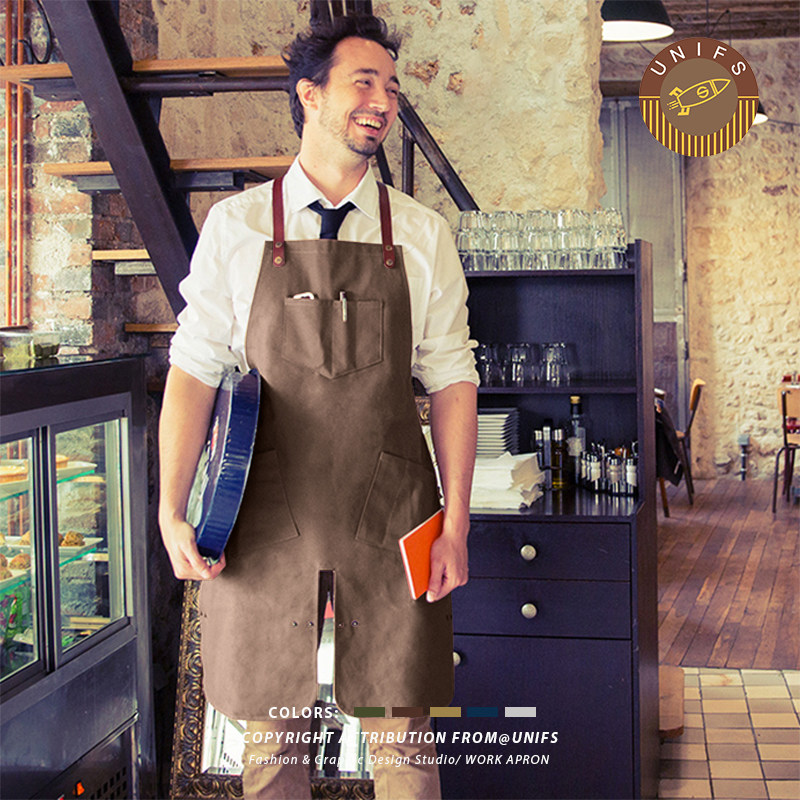 UNIFS原创帆布定制LOGO餐厅咖啡店男女画廊真皮多袋绑腿工作围裙L
