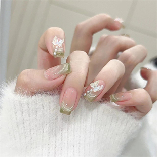 【秋露】纯手工气质裸色温柔绿色猫眼小清新穿戴式美甲爆闪穿戴甲