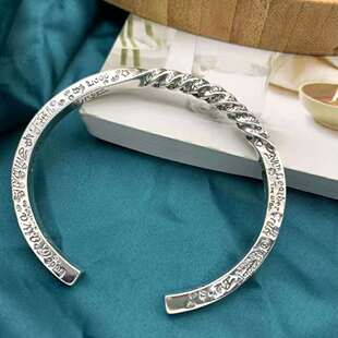 开口纯银罗马数字涂鸦扭纹手镯 男女朋克风个性复古开口手环