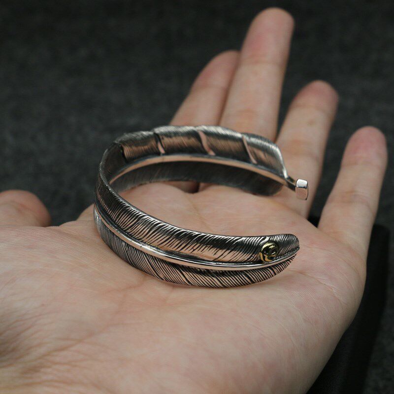 精工手工925纯银叶子羽毛开口手镯 宽面潮牌饰品手工泰银手环男