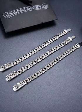 个性双十字架纯银手链朋克风欧美复古宝剑粗泰银古巴手链男双手牌