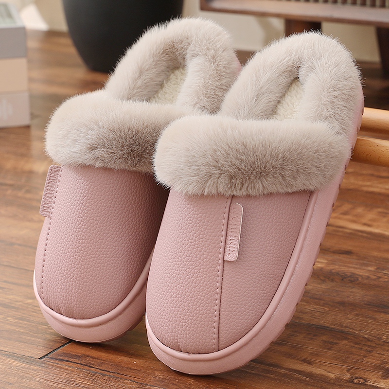 冬季新款皮面防水棉拖鞋加厚底