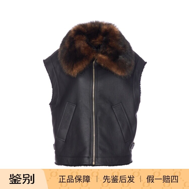 FENDI 芬迪女黑色羊皮翻领拉链皮草马甲外套25秋冬新款意大利代购