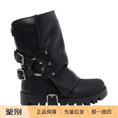 DOLCE & GABBANA 女士dg黑色真皮中筒靴 2025秋冬新款 意大利代购