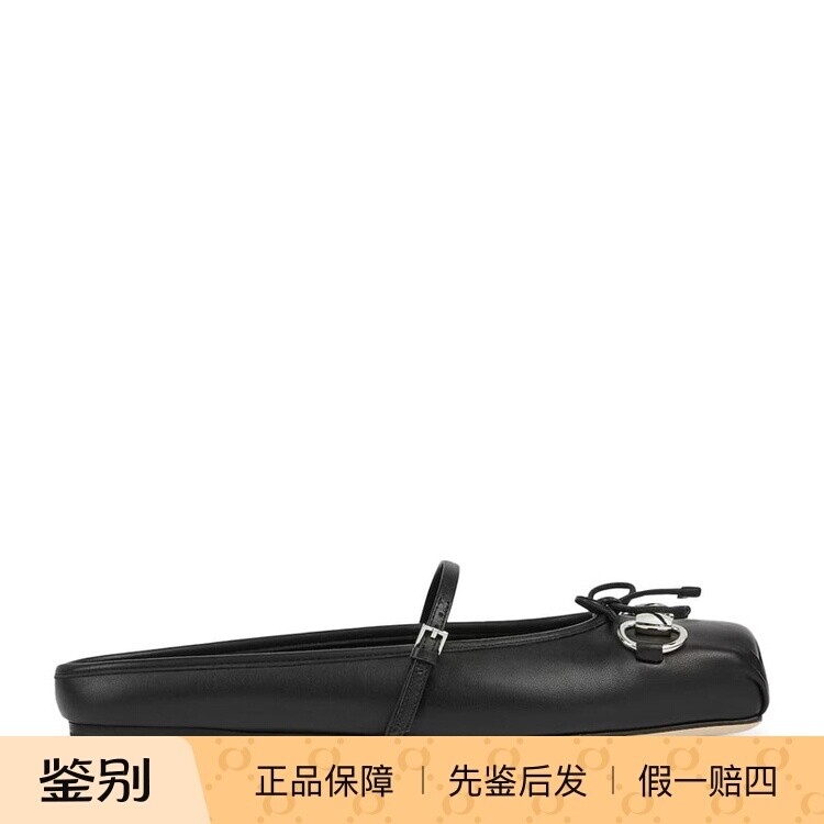 GUCCI 古驰女士黑色真皮浅口马衔扣芭蕾平底鞋2025秋冬意大利代购