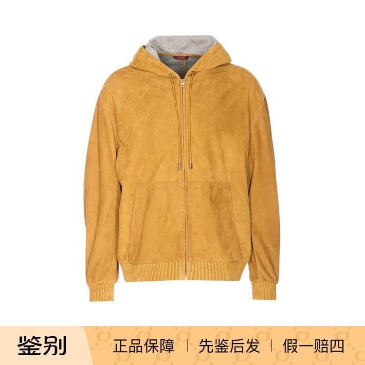GUCCI 古驰男士黄色麂皮连帽开衫皮衣 25秋冬新款 意大利代购正品