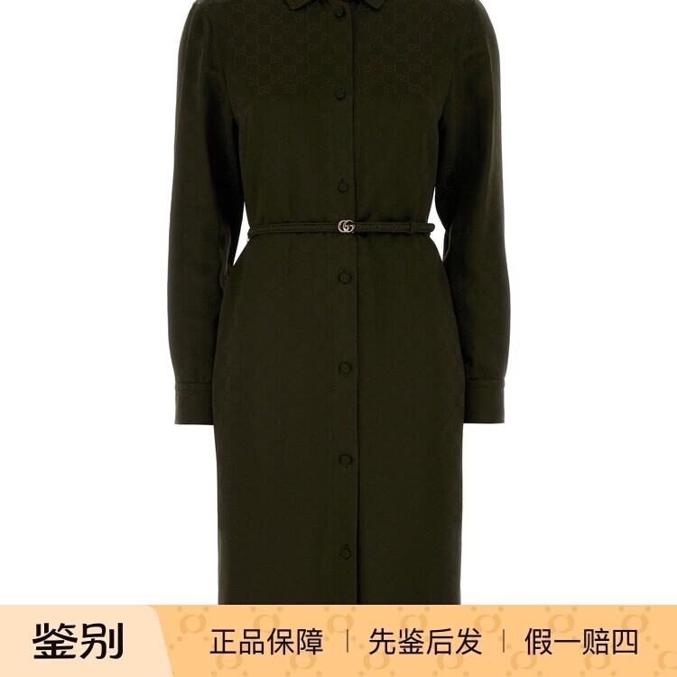 GUCCI 古驰绿色衬衫式带腰带粘纤混纺连衣裙 2025秋冬新款 意大利