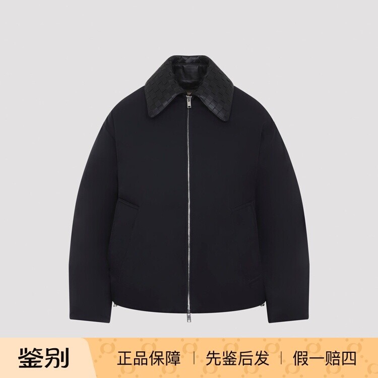 BOTTEGA VENETA 女士黑色编织皮领BV羽绒服 25秋冬新款意大利代购