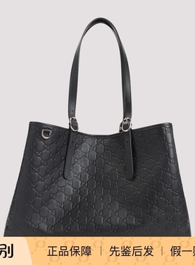 GUCCI emblem 女士黑色真皮托特包 25早秋新款 意大利代购