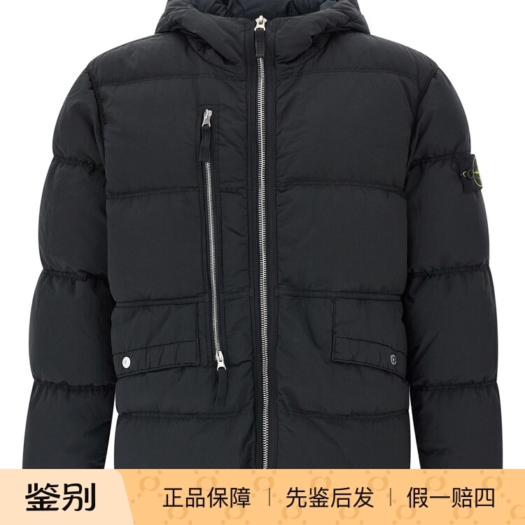 STONE ISLAND 男士黑色连帽金属尼龙羽绒服 25秋冬新款意大利代购