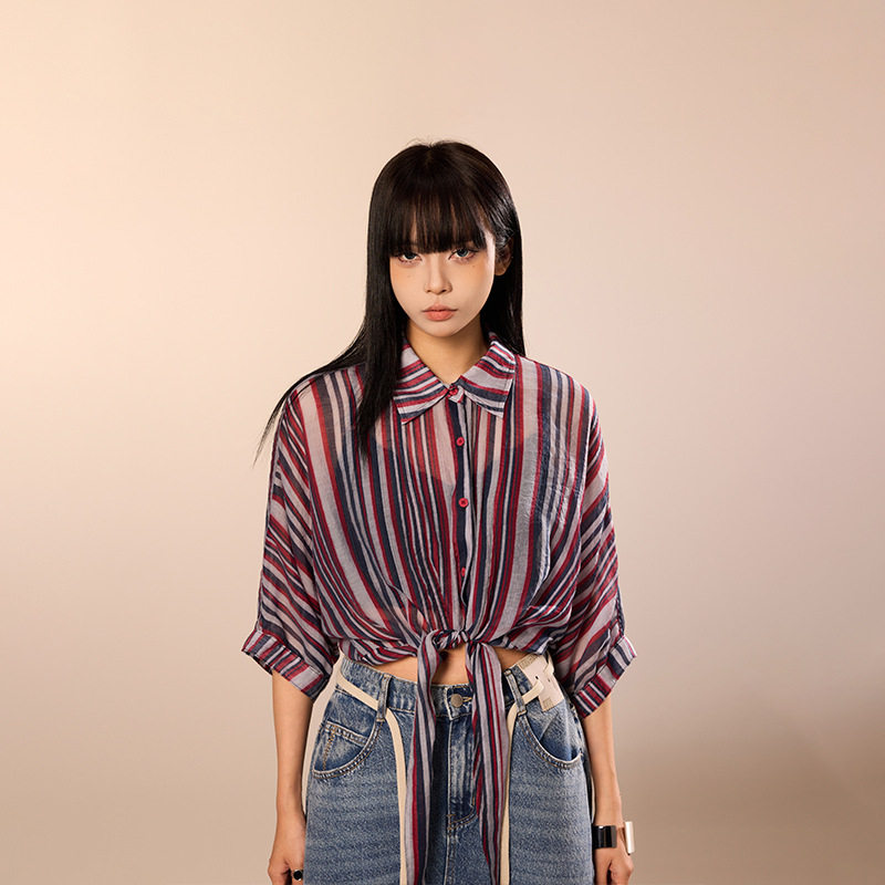 拓谷宽松七分袖翻领条纹衬衫女装夏季慵懒松弛感绑带短袖雪纺上衣