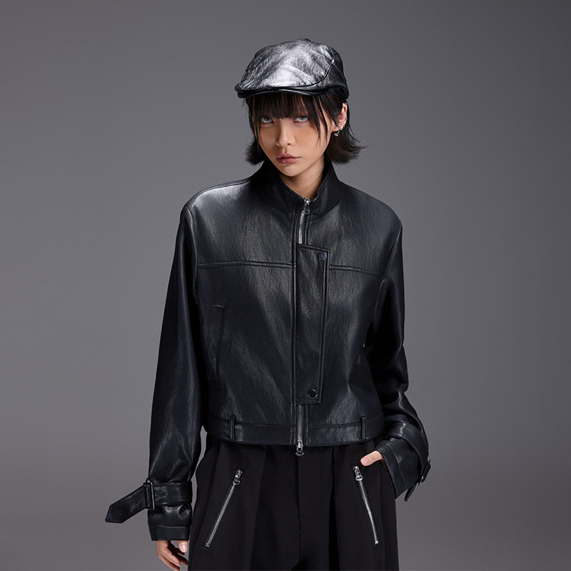 拓谷女装刺绣夹克机车服秋季新款高级感立领拉链短款PU皮衣外套女