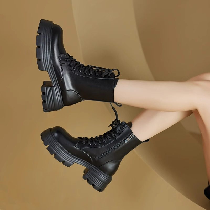 真皮马丁靴女款2024年新款春秋单靴小个子厚底增高粗跟高跟短靴子