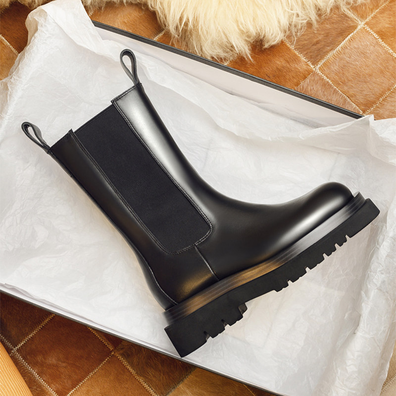 mona马丁靴女英伦风厚底增高2025秋冬季切尔西真皮中筒短靴烟筒靴