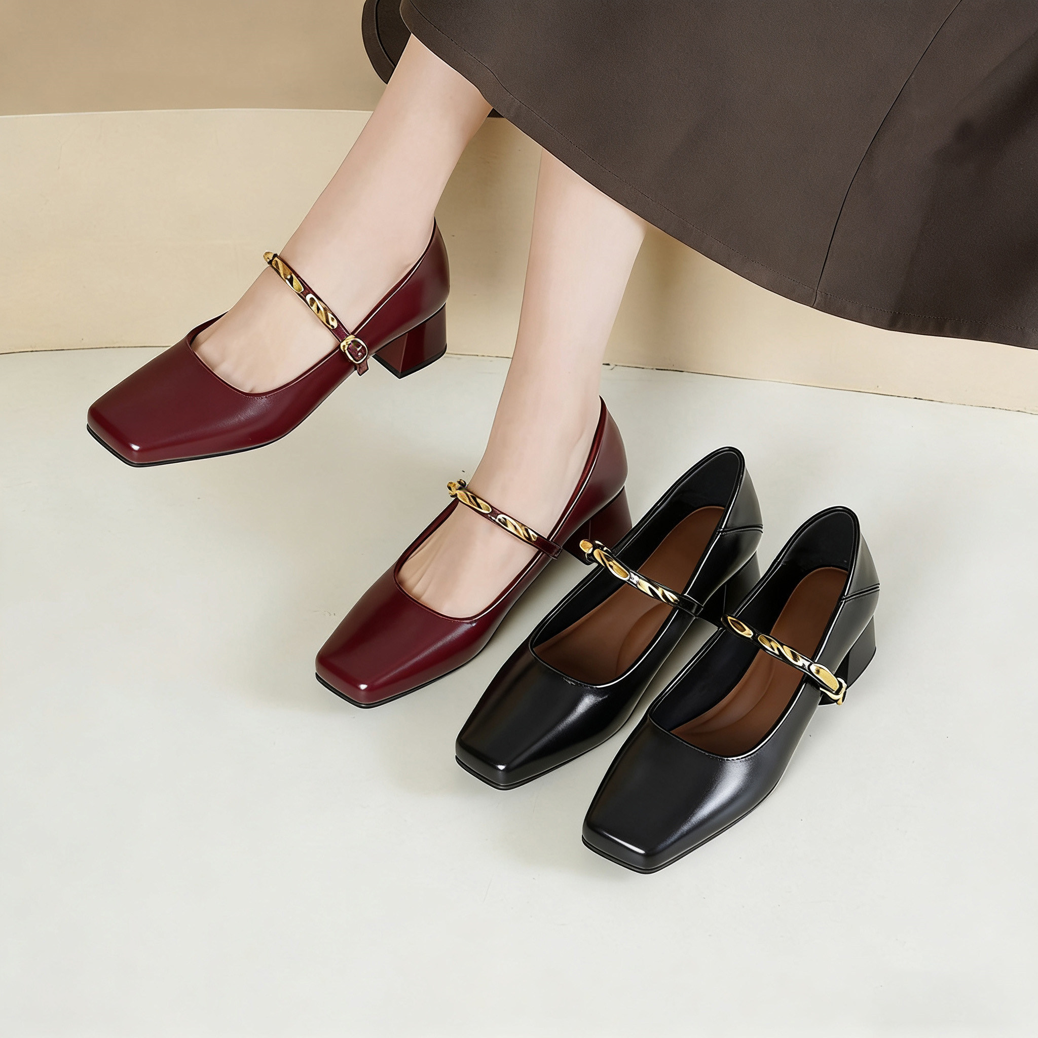 牛皮玛丽珍女鞋2026年春季新款粗跟高跟鞋方头浅口单鞋职业工作鞋