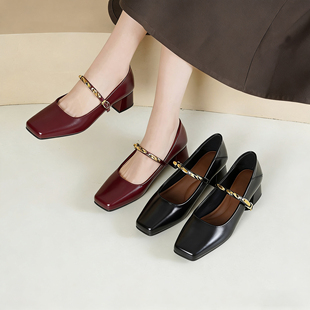 牛皮玛丽珍女鞋2026年春季新款粗跟高跟鞋方头浅口单鞋职业工作鞋