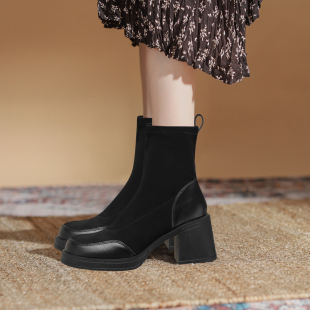 厚底短靴子粗跟弹力靴增高瘦瘦靴秋冬高跟鞋 马丁靴女2025秋季 新款