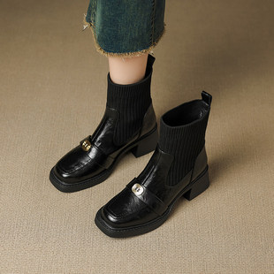 真皮高跟鞋短靴女2025秋冬季新款方头马丁靴加绒粗跟弹力瘦瘦靴子