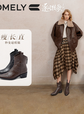 KL美式复古西部牛仔靴女冬季新款粗跟尖头骑士靴小个子增高短靴