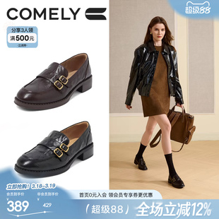 康莉羊皮乐福鞋女春秋粗跟复古圆头休闲jk小皮鞋新款大头厚底鞋子