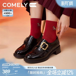 康莉粗跟黑色乐福鞋2026年春季新款圆头复古英伦金属扣单鞋小皮鞋