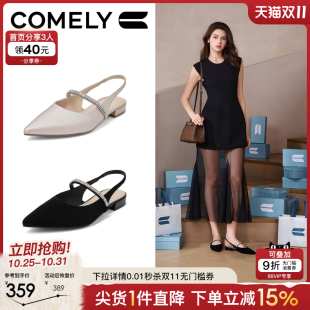 低跟尖头绝美水钻后空凉单鞋 康莉真皮粗跟包头凉鞋 女2025春夏新款