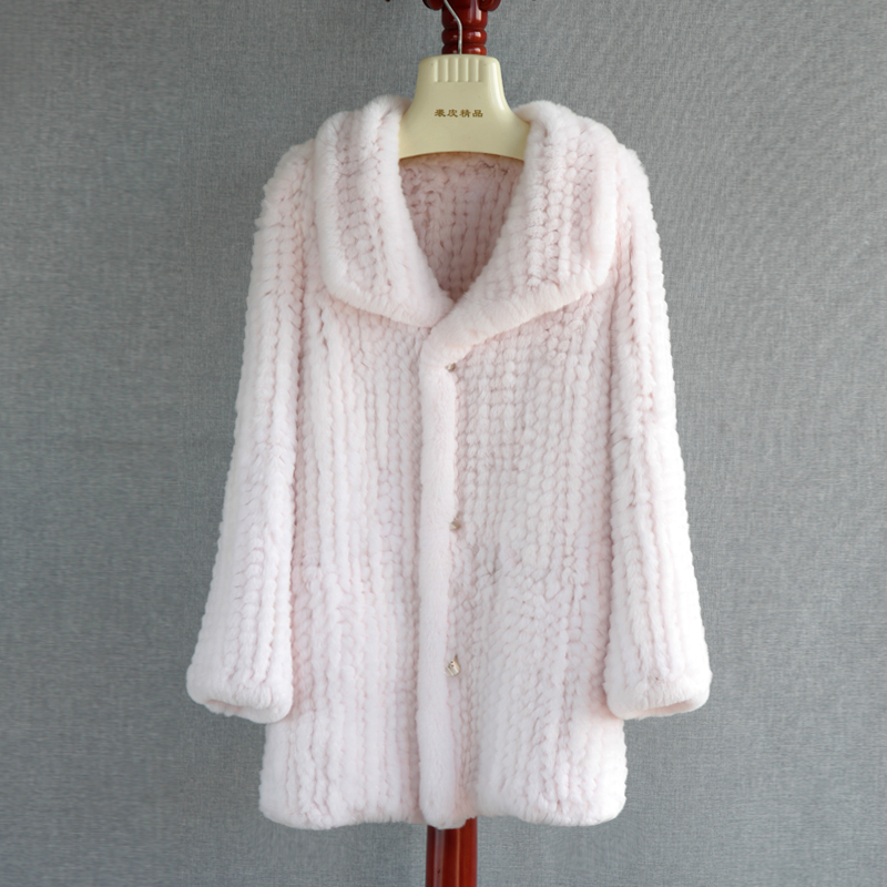 翻领加厚中长款獭兔毛皮草外套