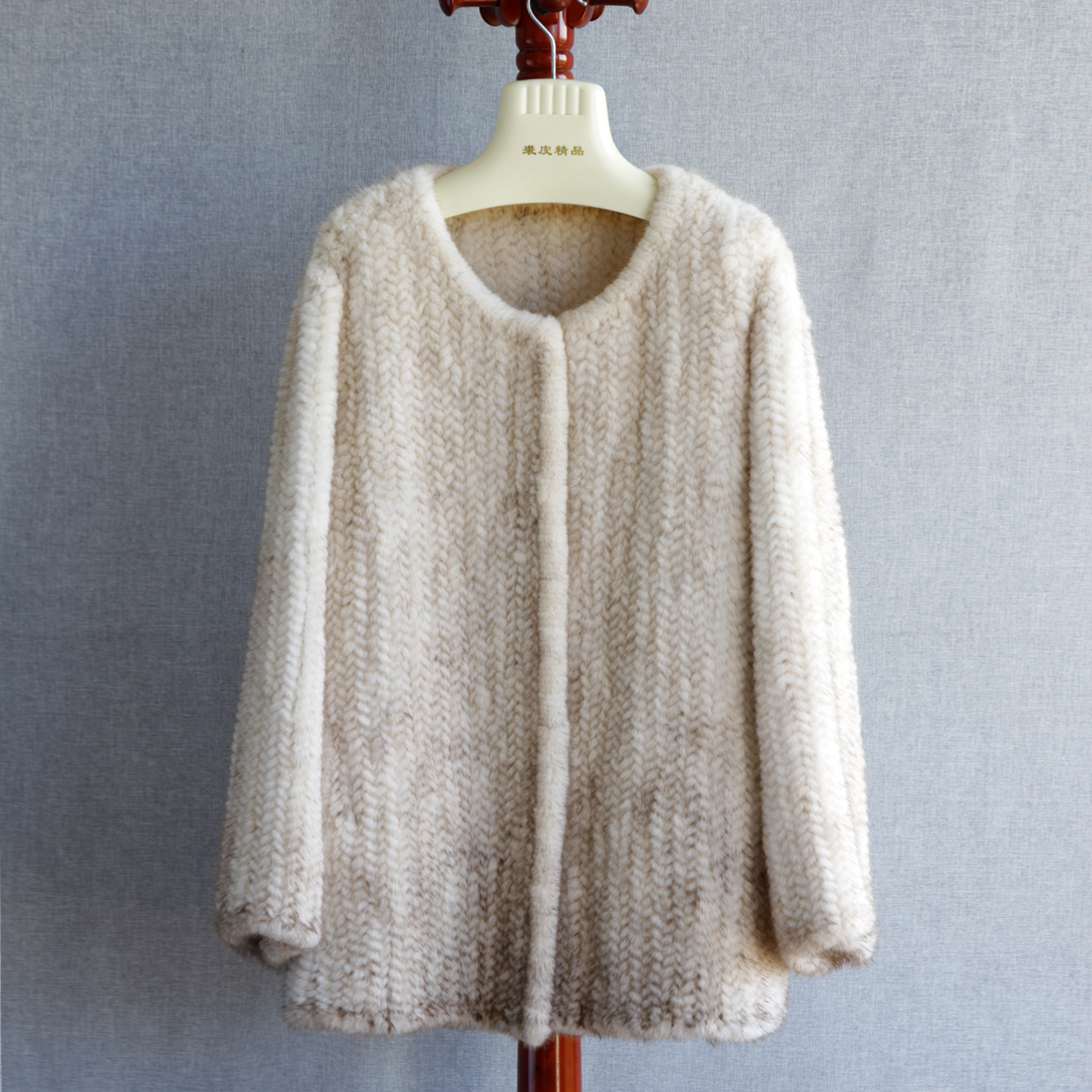 2025进口水貂皮草外套圆领中长款双面麦穗编织廓形裘皮大衣开衫女