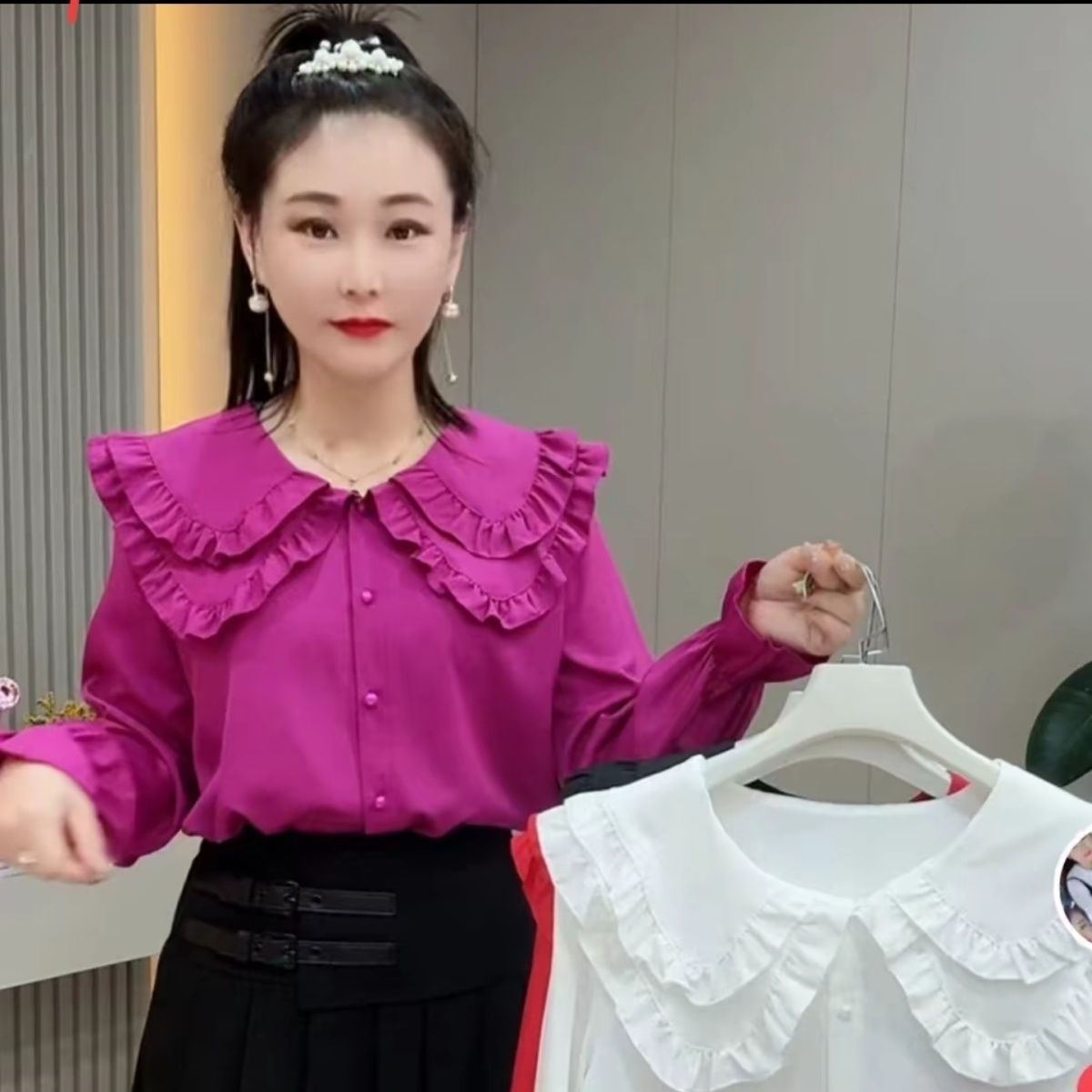 法式娃娃领雪纺衬衫女春秋2025年新款红色上衣设计感别致洋气小衫