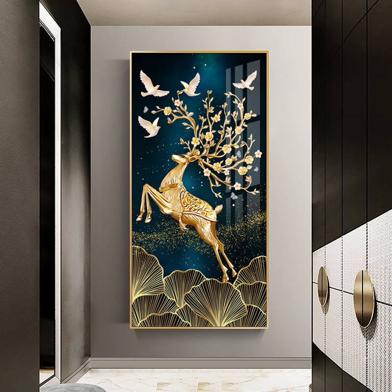 新款2021年5d钻石画满钻发财鹿竖版客厅点贴砖玄关2022水晶十字绣