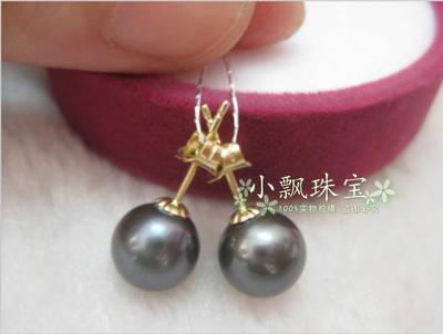 经典黑色珍珠 18K黄金天然耳钉耳坠 高档送礼 黑灰色