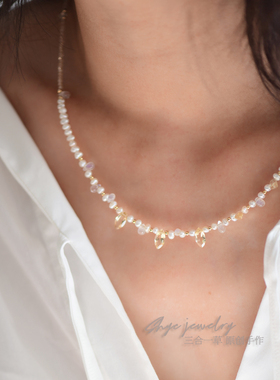 三合一草14k包金珍珠月光石项链