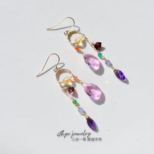 宝石糖果丨三合一草原创设计天然石美国14k包金彩色水晶耳环耳饰