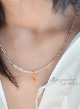 三合一草14k包金黄水晶项链