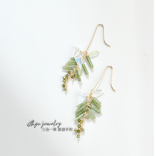 雪松丨三合一草原创天然碧玺月光石美国14K包金小众设计耳环耳饰