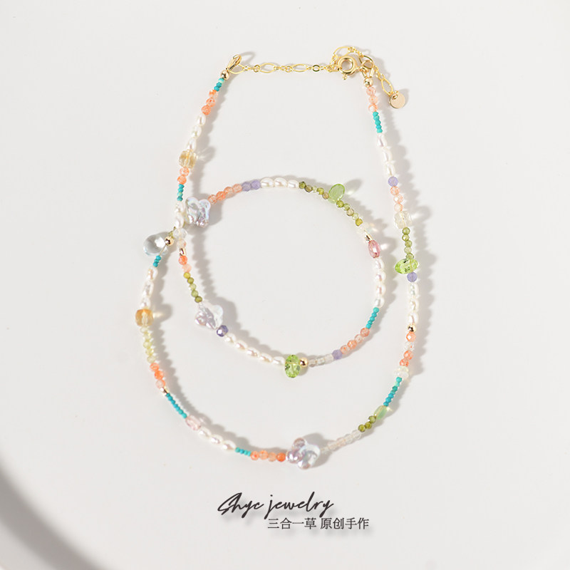 彩虹糖丨天然珍珠碧玺橄榄石松石14K包金小众甜美choker串珠项链